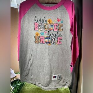 Champion women "Kinda Boujee Kinda Broke" Raglan Tee - Pink & Gray Upcycled